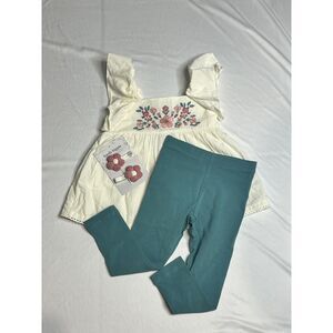 Haute‎ Hippie Kids Floral Embroidered Set with Hair Clips Blue Leggings 2T NWT